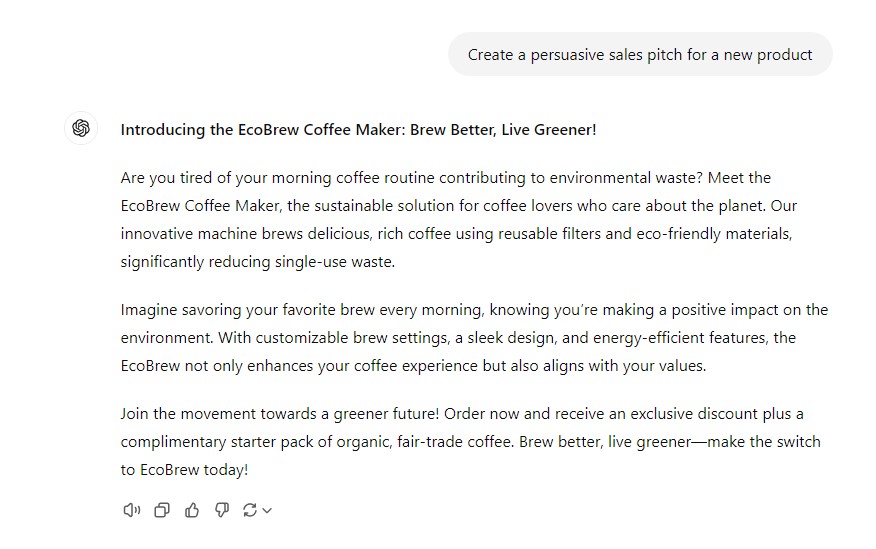 Réponse ChatGPT à une demande générale d'argumentaire de vente