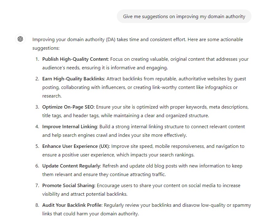 Réponse générique ChatGPT décrivant des suggestions pour améliorer l'autorité de domaine
