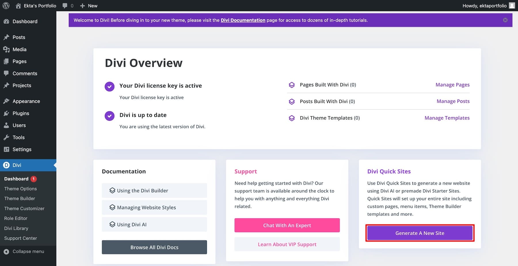 使用 divi 快速站点生成新站点