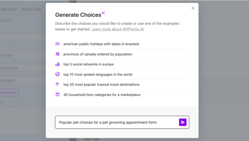 WPForms AI choices chat