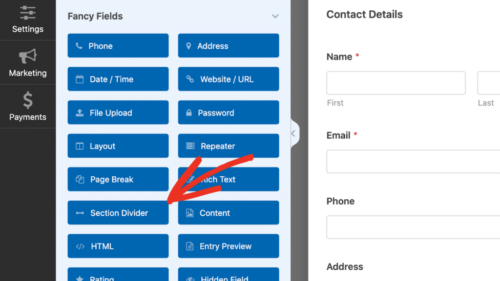 Adding a Section Divider field in WPForms