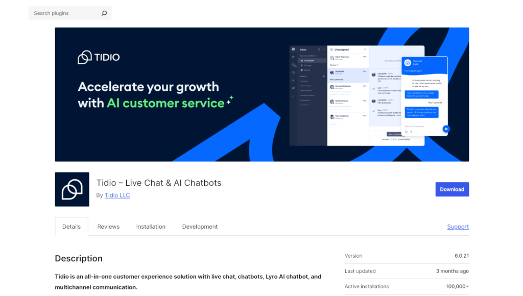 Plugin Tidio AI untuk WordPress (tangkapan layar)
