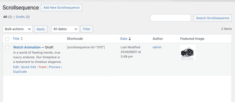 Drafted sequence and its Shortcode