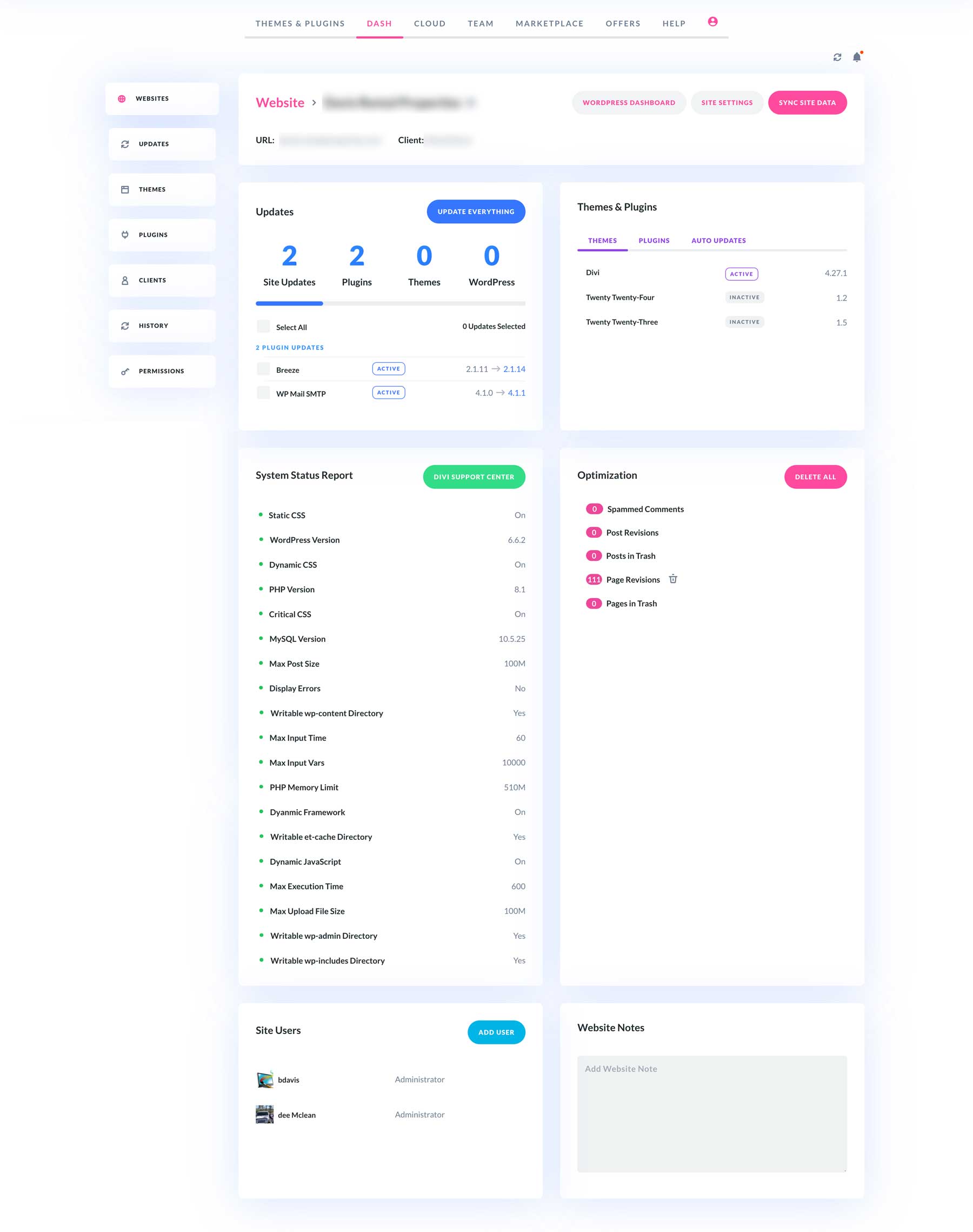 Ikhtisar situs web Divi Dash