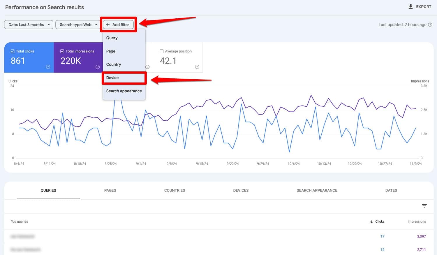 Ajouter un filtre d'appareil dans Google Search Console