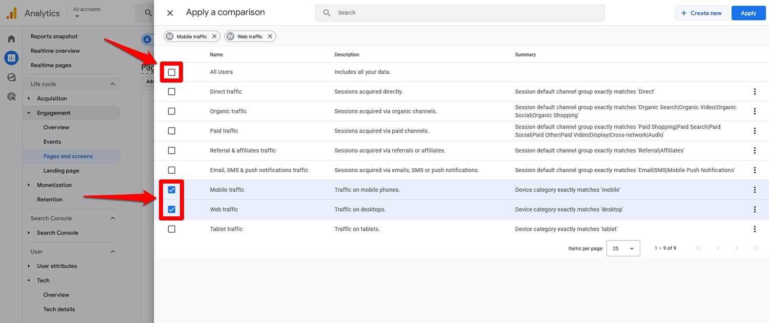 Configurer des comparaisons de trafic sur ordinateur et mobile dans Google Analytics