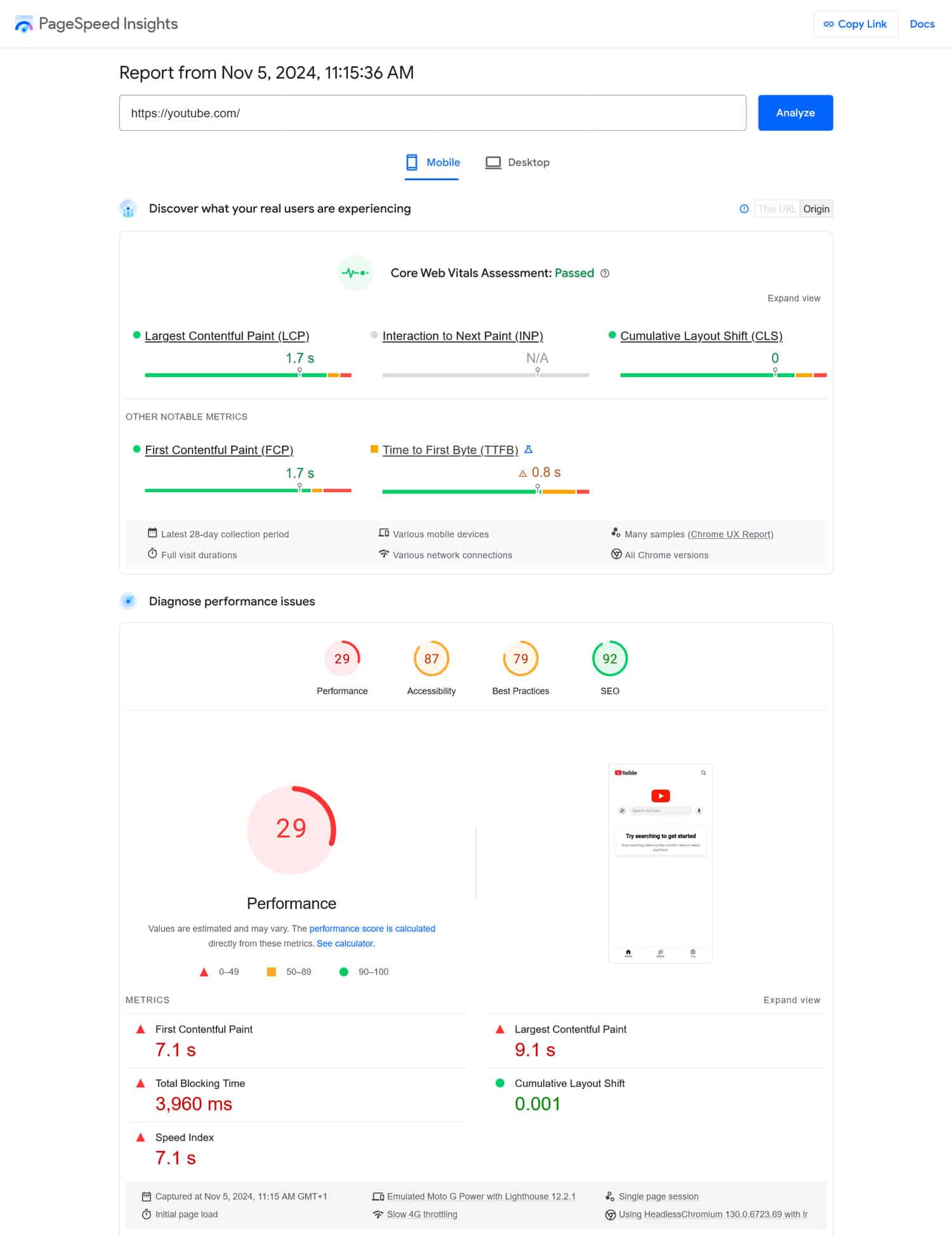 Résultats de l'analyse des performances mobiles de PageSpeed ​​Insights