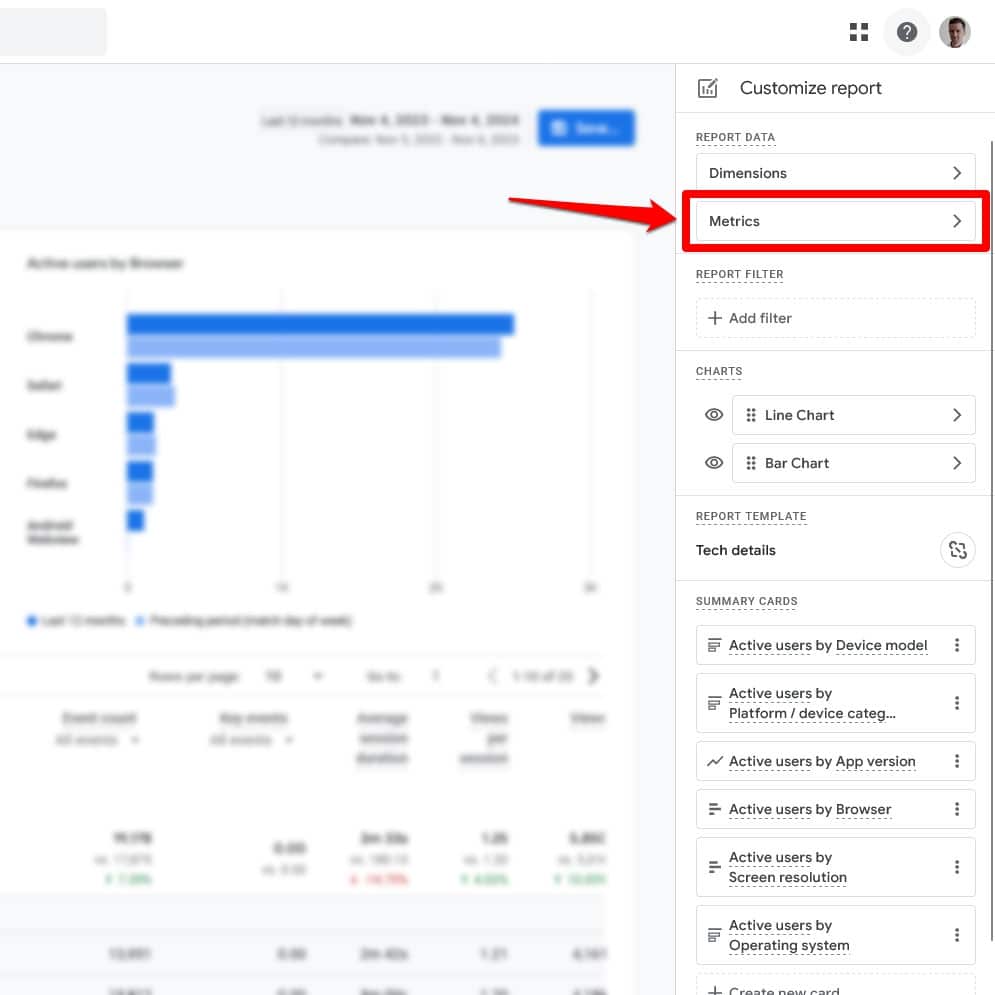 Modifier les métriques du rapport dans Google Analytics