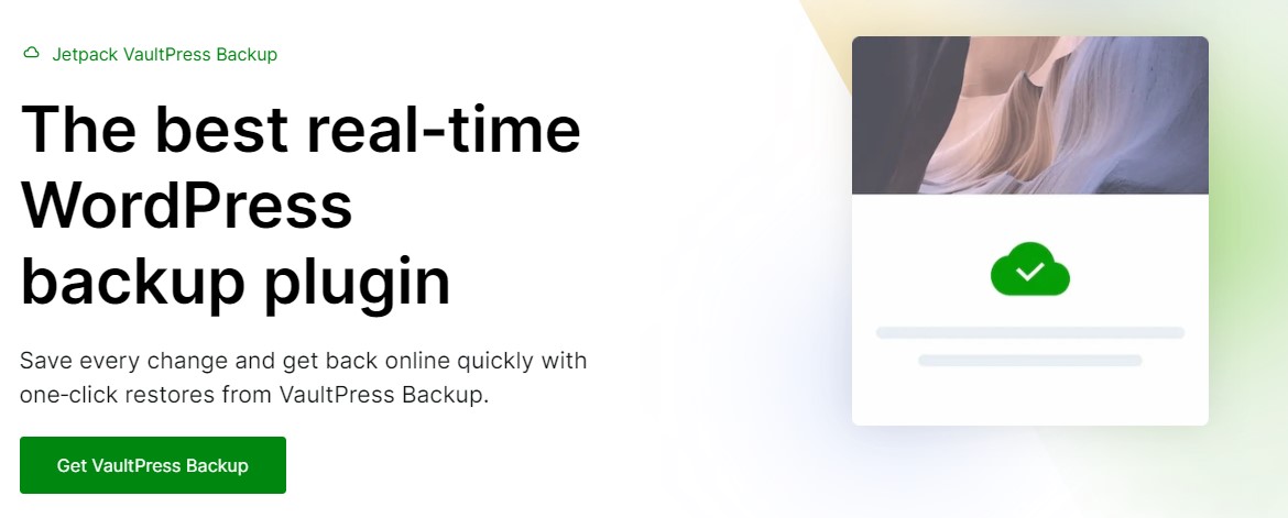 Jetpack VaultPress Backup プラグイン Web ページのヒーロー、タイトル、段落、および「Get Vaultpress Backup」ページ。