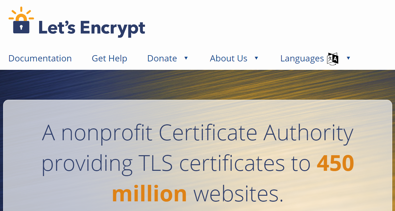 Let's Encrypt Web ページのヒーローとナビゲーションとタイトル - 「4 億 5,000 万の Web サイトに TLS 証明書を提供する非営利認証局」。