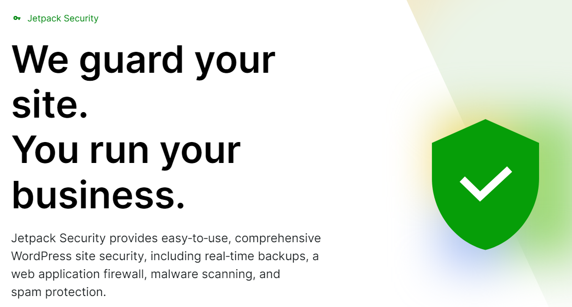 タイトル、段落、盾アイコンを含む Jetpack セキュリティ プラグイン Web ページ。