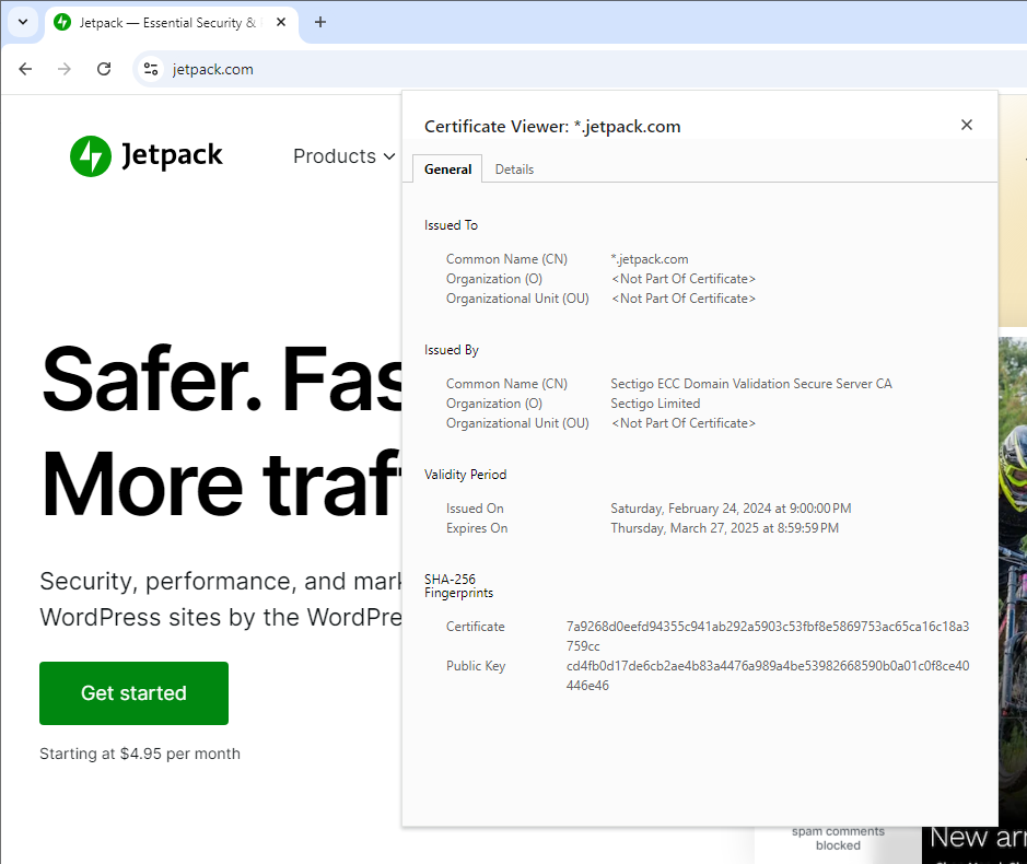 Jetpack.com にある Web ページ。セキュリティ オプション ビューと SSL 証明書の詳細が展開されています。