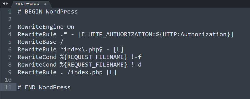 WordPress ルールが設定された .htaccess ファイルのスクリーンショット。