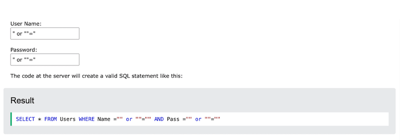 Пример SQL-инъекции для раскрытия учетных данных. Источник: W3code. 