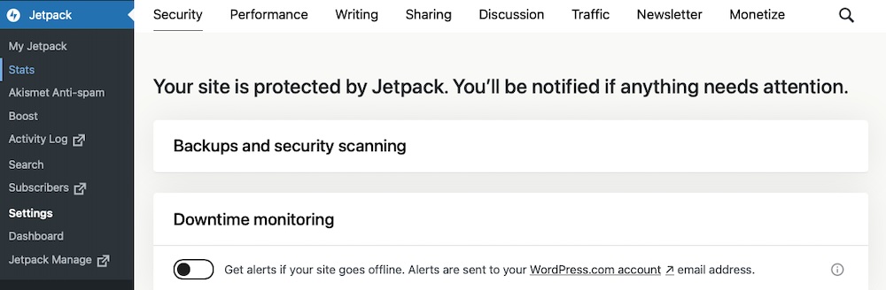 Jetpack Stats セクションにセキュリティ設定を表示する WordPress ダッシュボードの Jetpack 管理者。