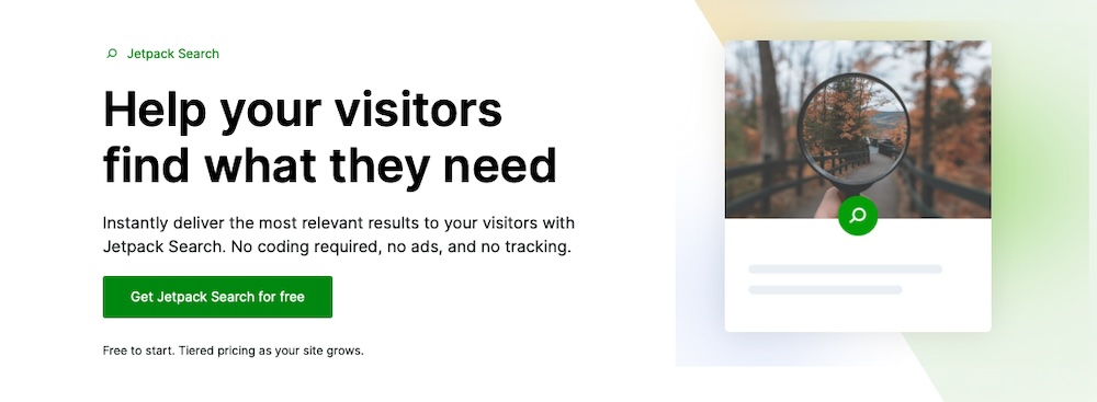 タイトル、段落、画像、および「Jetpack Search を無料で入手」ボタンを含む Jetpack Search Web ページのヒーロー セクション。