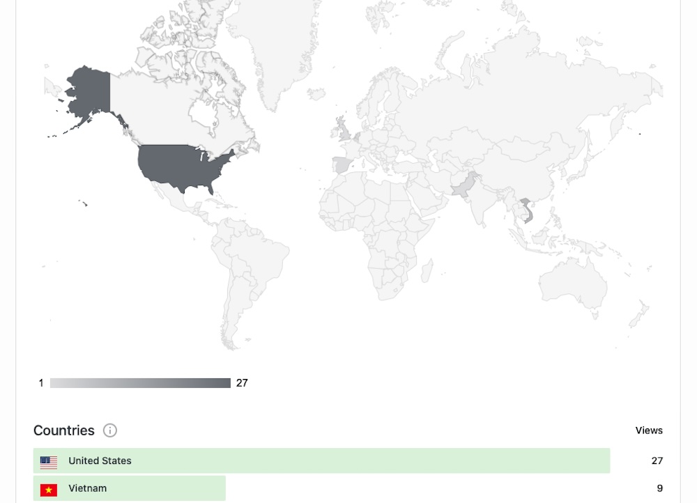 ページ ビュー分析を示すために北アメリカとベトナムが強調表示された Jetpack の世界地図。