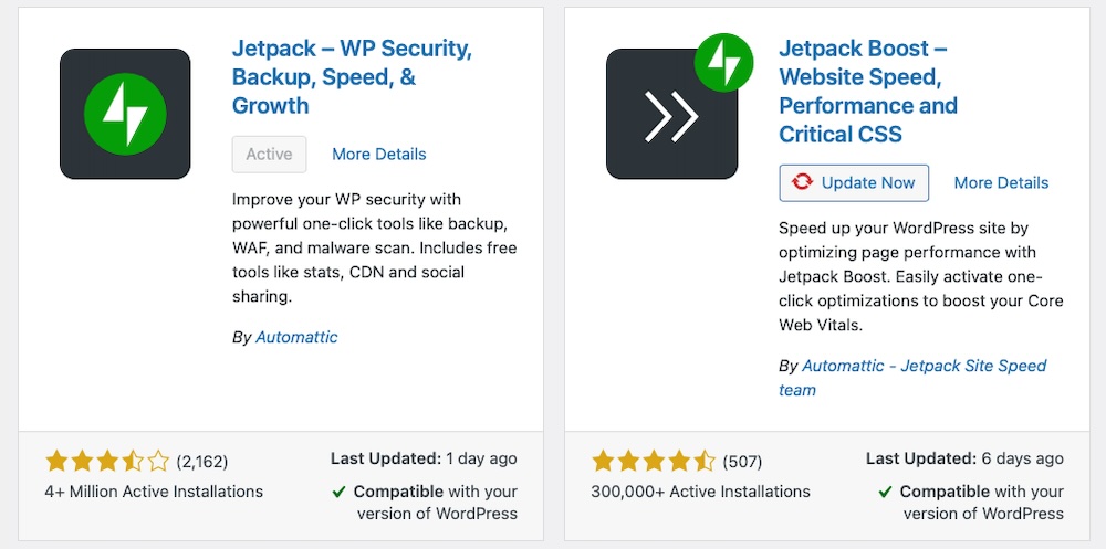 Jetpack 製品がすでにインストールされている WordPress ダッシュボードのプラグイン リポジトリ。