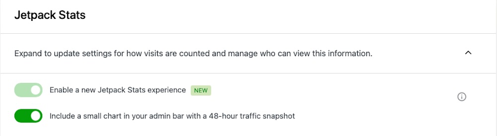 両方のオプションがオンになった状態で Jetpack 統計オプションを表示する WordPress ダッシュボードの Jetpack 管理者。