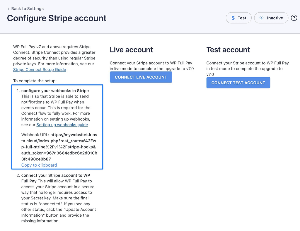 Seite zum Konfigurieren des Stripe-Kontos und der Webhooks