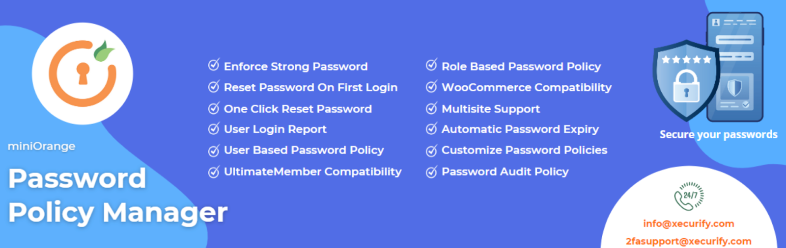 Password Policy Manager-Grafik aus dem WordPress-Plugin-Repository, in der unsere verschiedenen Funktionen aufgeführt sind.