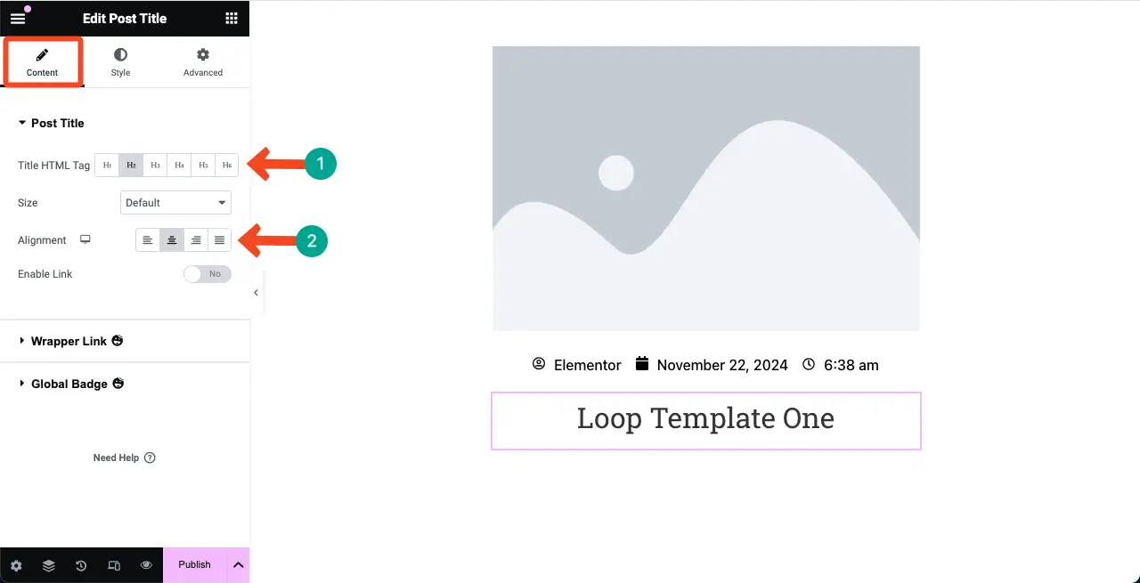 Configure the Post Title widget for the Loop Grid template