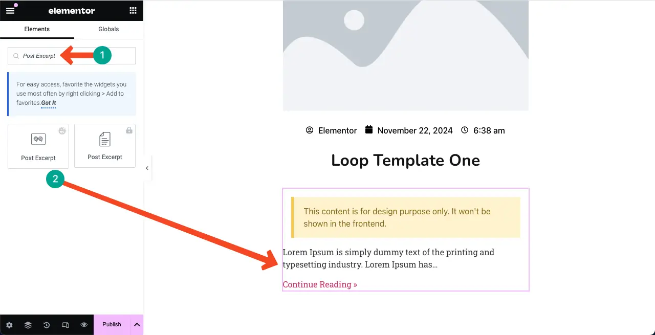 Add the Post Excerpt widget to design the Loop Grid template