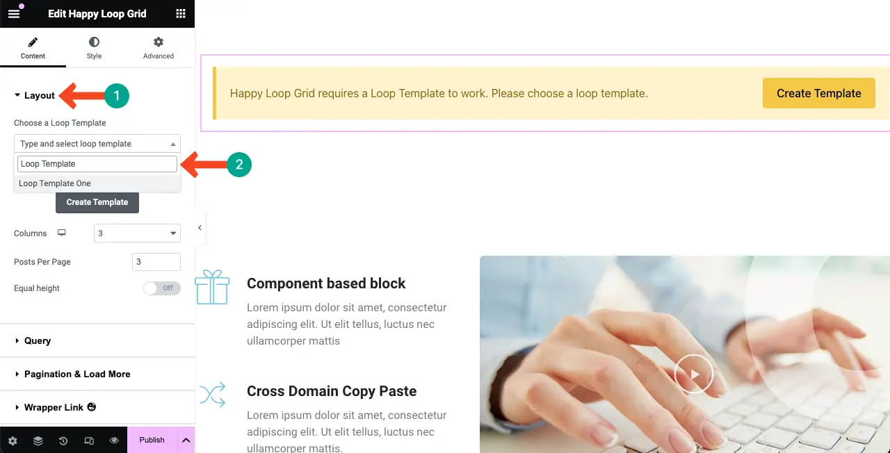 Select the loop grid template you created