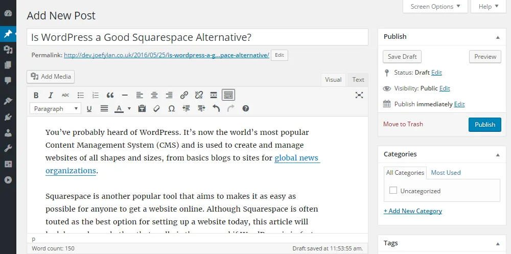 WordPress vs. Squarespace WordPress Post Editor