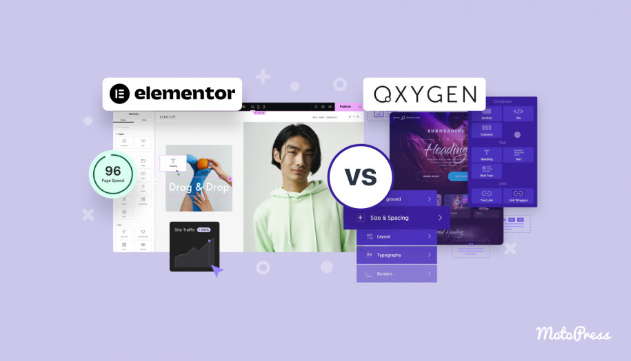 Kolase perbandingan Oxygen Builder vs Elementor.