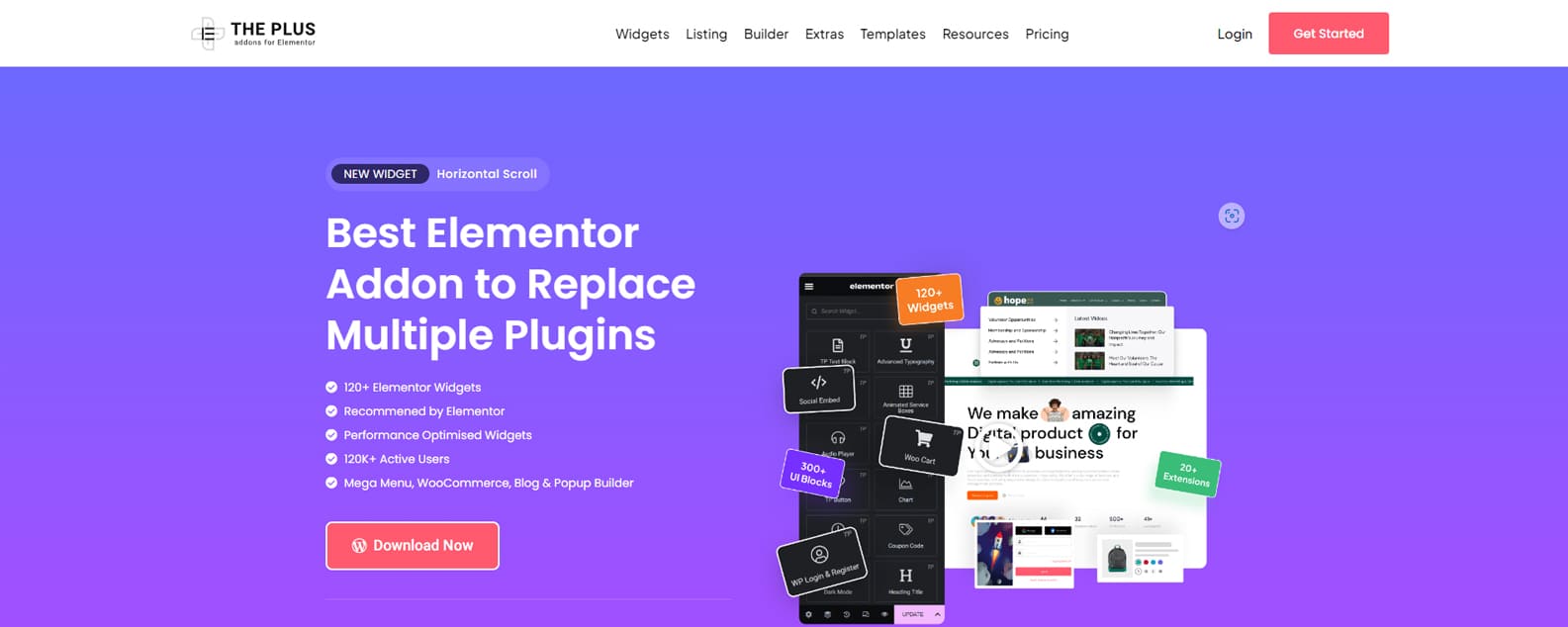 Representasi The Plus Addons untuk Elementor, solusi peringkat teratas untuk pembuat halaman WordPress terkemuka dengan 10 pengaturan yang dapat dikonfigurasi.