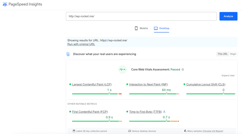 Exemplu de KPI din PageSpeed ​​- Sursa: PageSpeed ​​Insights 