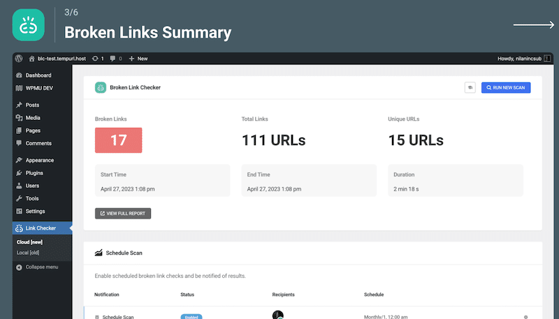 Exemplu de detectare a linkurilor rupte - Sursa: Broken Link Checker 