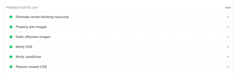 Secțiunea de auditare a trecut după optimizare - Sursa: PageSpeed ​​Insights  