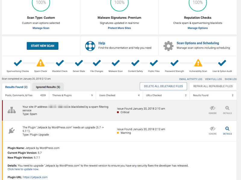 Exemplu de scanare realizată de WordFence - Sursa: WordFence 