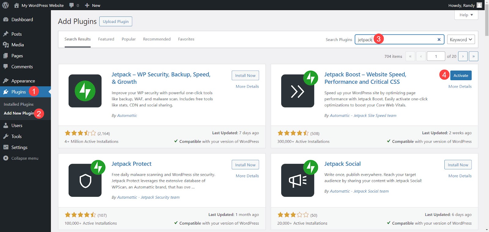 trovare Jetpack boost e installarlo dalla dashboard di WordPress