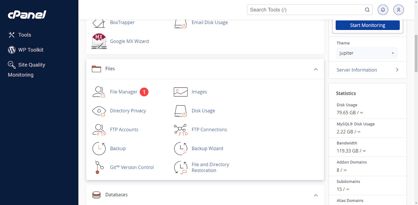 найти файловый менеджер cpanel