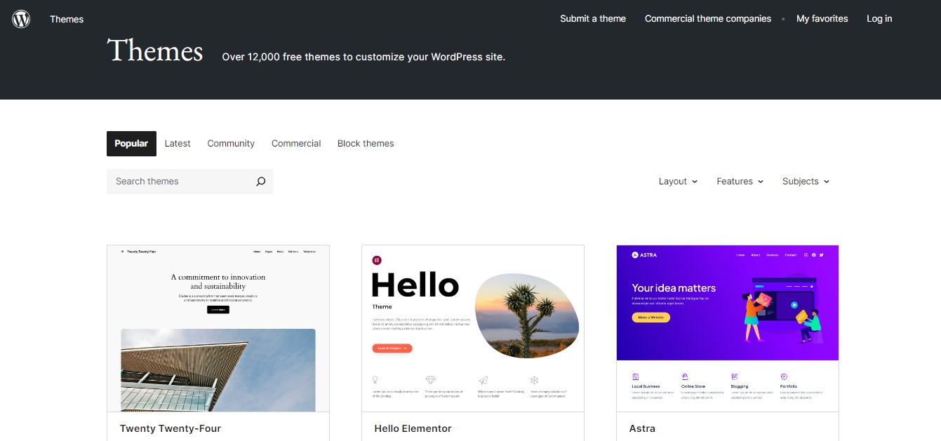 Репозиторий тем WordPress.org, в котором отображаются такие популярные темы, как Twenty Twenty-Four, Hello Elementor и Astra.