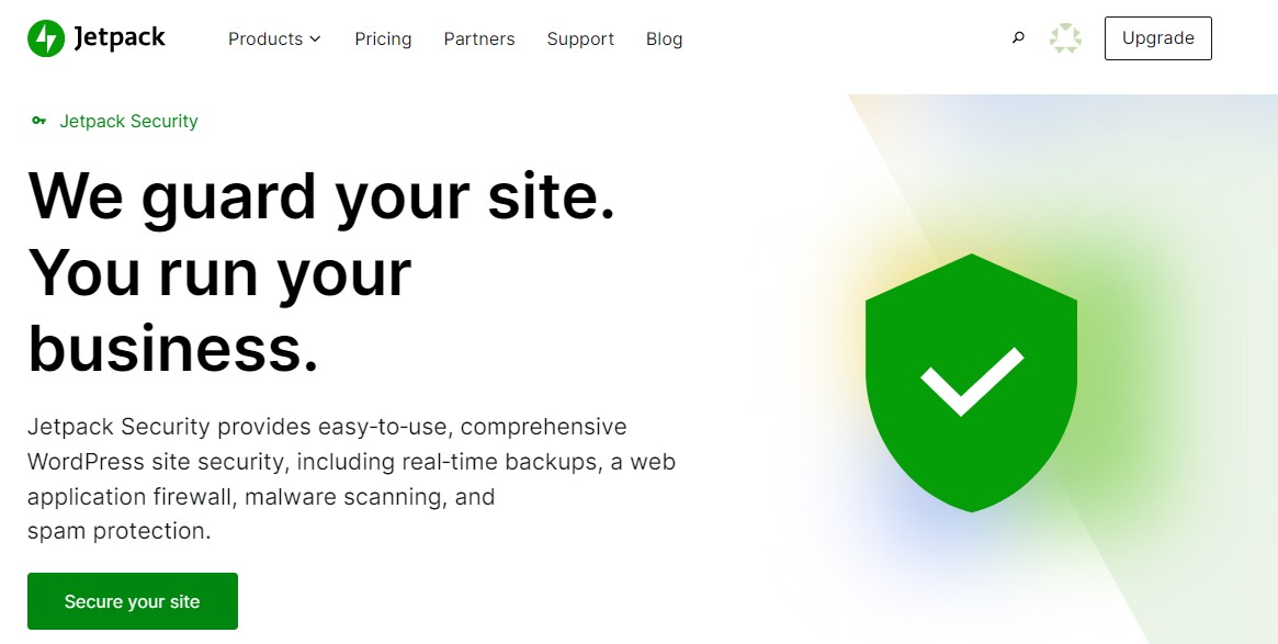 Домашняя страница JetPack Security с заголовком, абзацем, изображением и призывом к действию «Защитите свой сайт».