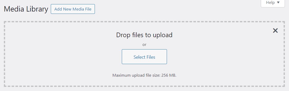 Панель управления WordPress. Медиатека. Представление «Перетащите файлы для загрузки».