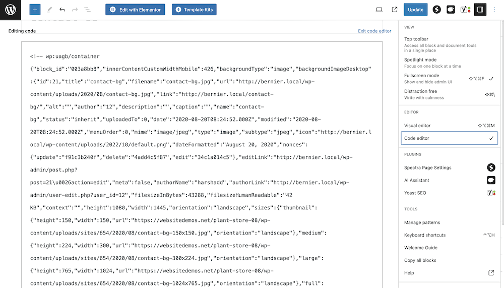 Editorul de blocuri WordPress afișează fila Editor de coduri