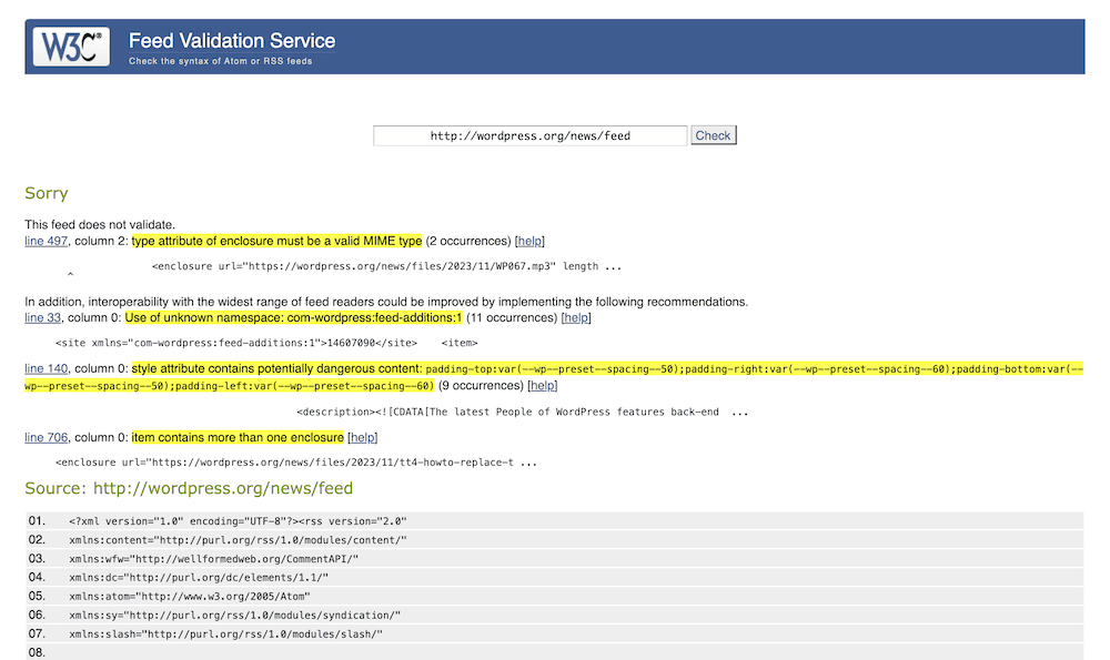 Validatorul de feed W3C afișează erori pentru un flux RSS.