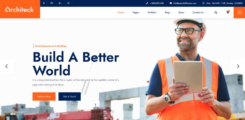 Скриншот демонстрационной страницы темы WordPress для строительных компаний Architeck.