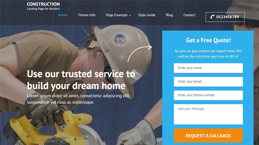 Скриншот бесплатной темы Construction Landing Page для WordPress.