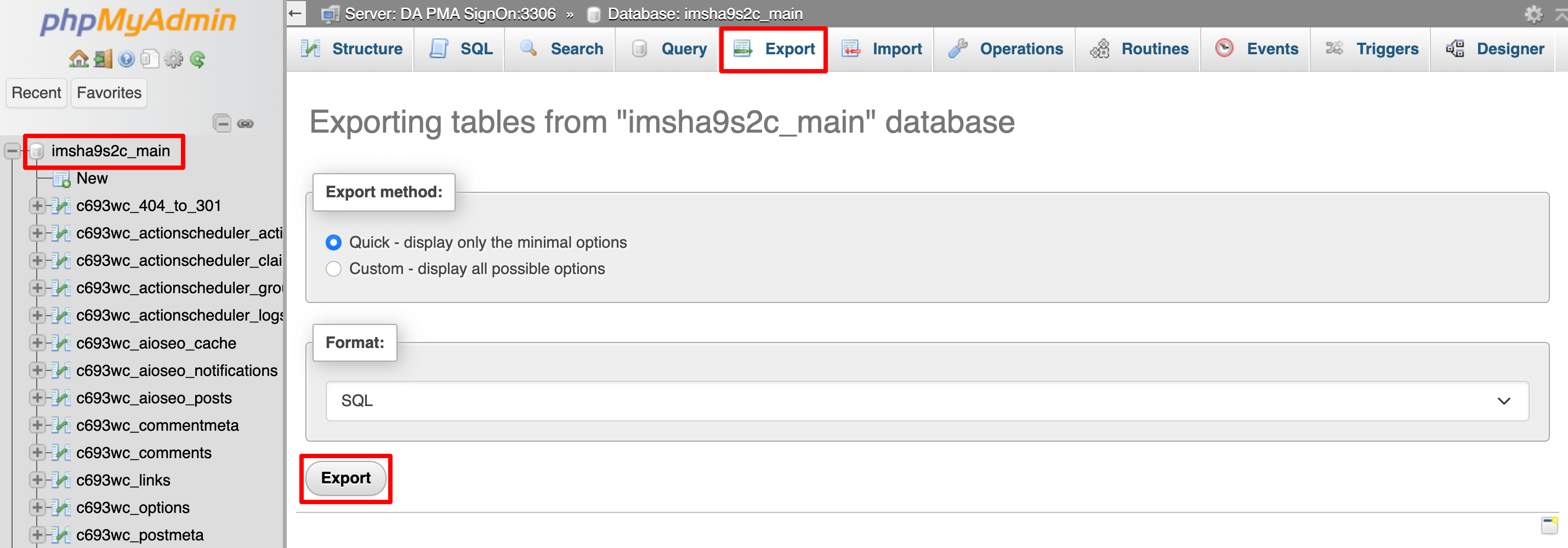 この画像は、phpmyadmin からデータベースをエクスポートする方法を示しています。