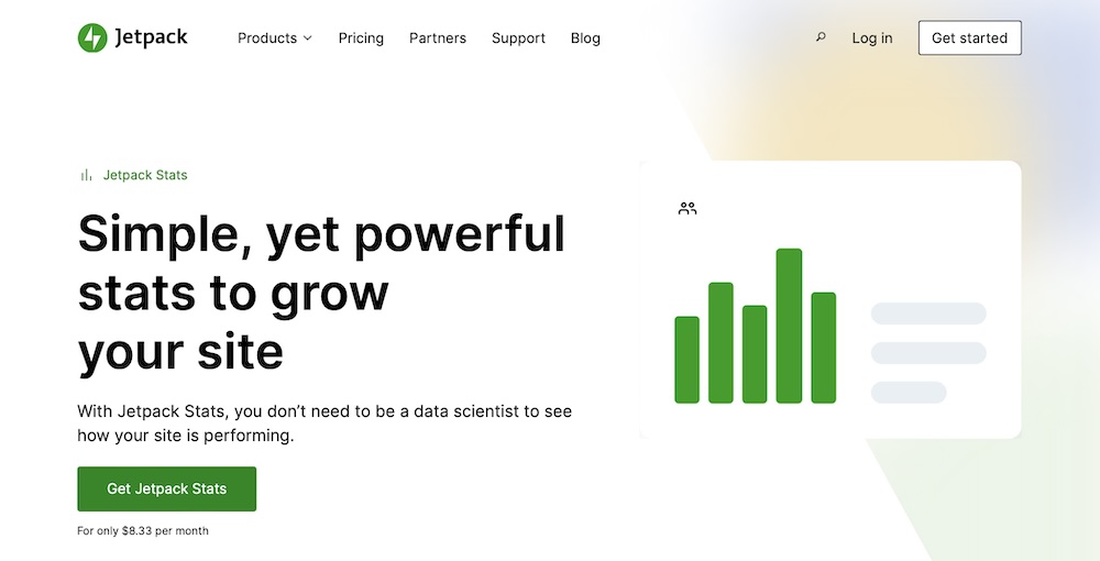タイトル、段落、グラフィック、および「Get Jetpack Stats」の行動喚起を含む Jetpack Stats ホームページ。