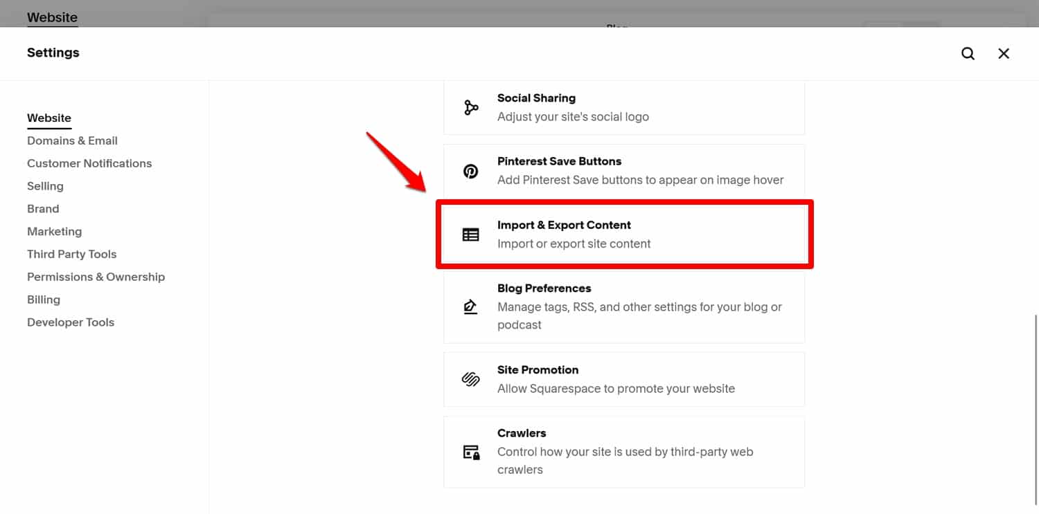 Squarespace のコンテンツのインポート/エクスポート オプション