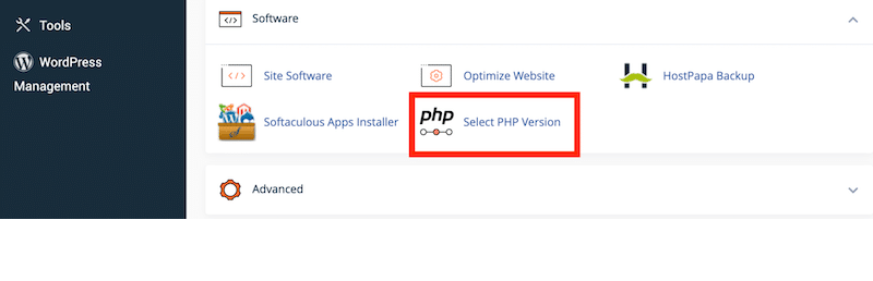 現在の PHP バージョンを更新するためのソフトウェア サブメニュー - 出典: cPanel 