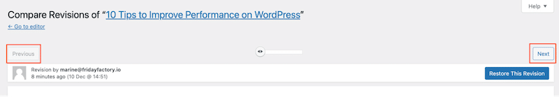 使用“上一个”或“下一个”检查先前版本 - 来源：我的 WordPress 修订界面 