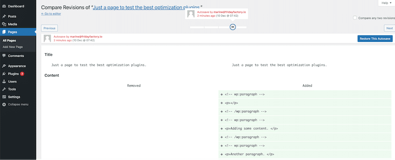 WordPress 管理员的修订界面示例 - 来源：我的 WordPress 管理员